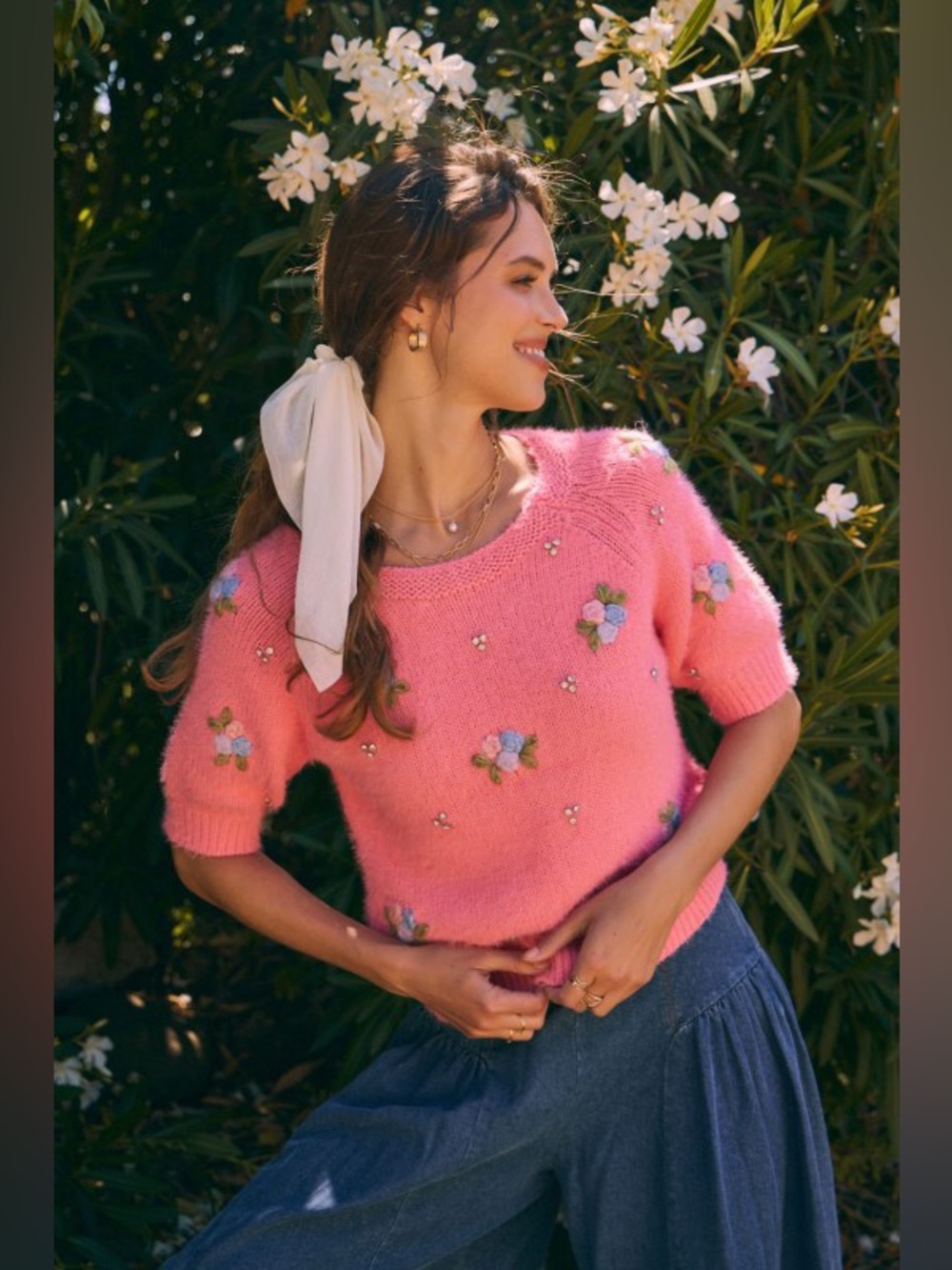 Pink rhinestone floral rose cottagecore embroidered sweater pullover tunic to